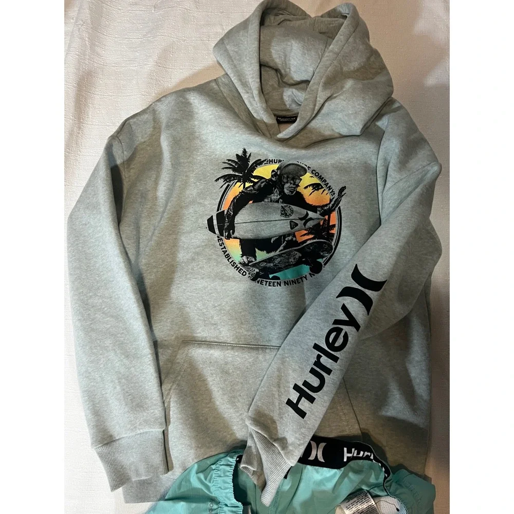 Hurley Boys 2 Piece Set Gray Gorilla Hoodie and Teal Cargo Shorts XL 13-15 Years